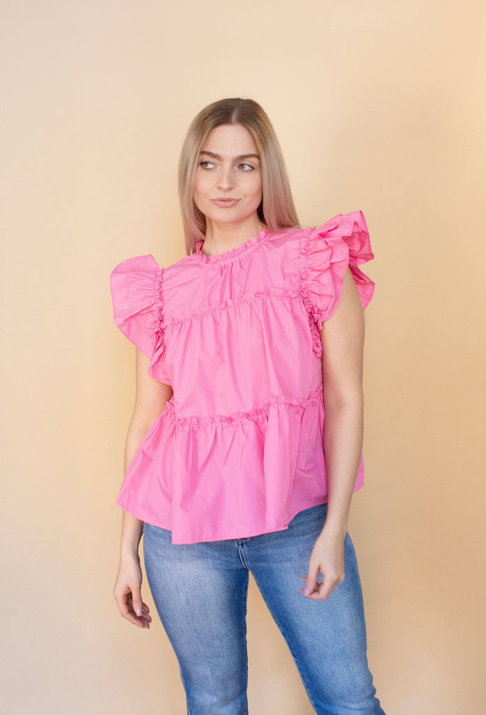 Pink Flutter Sleeve Tiered Woven Top