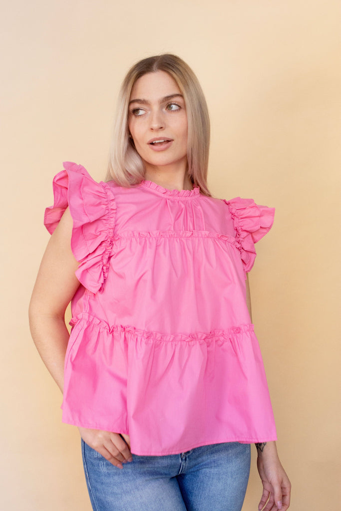 Pink Flutter Sleeve Tiered Woven Top