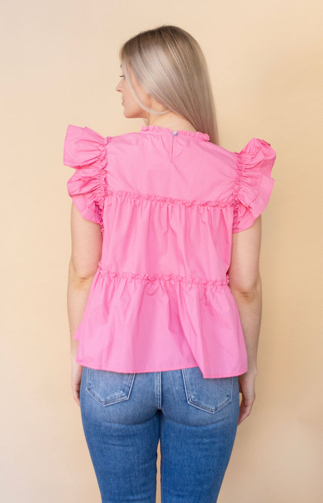 Pink Flutter Sleeve Tiered Woven Top