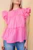 Pink Flutter Sleeve Tiered Woven Top