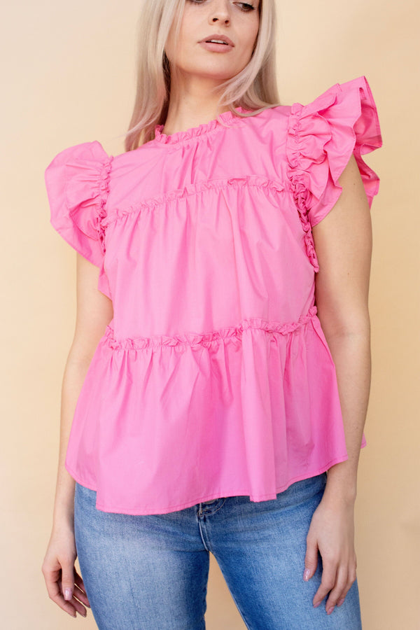 Pink Flutter Sleeve Tiered Woven Top