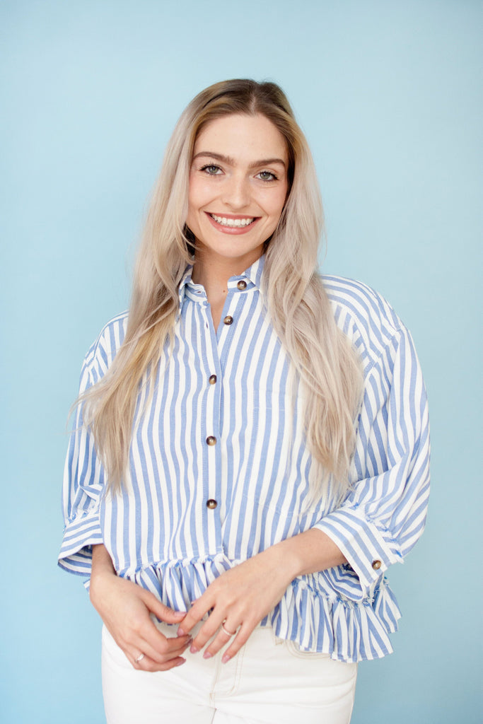 Ruffled Stripe Button Down Shirt