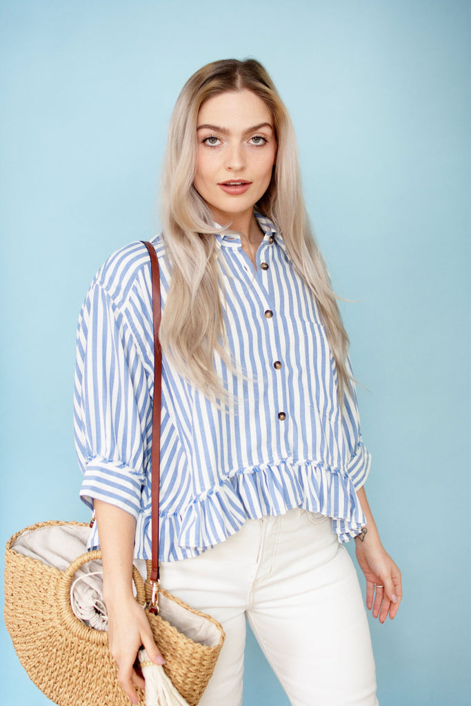 Ruffled Stripe Button Down Shirt