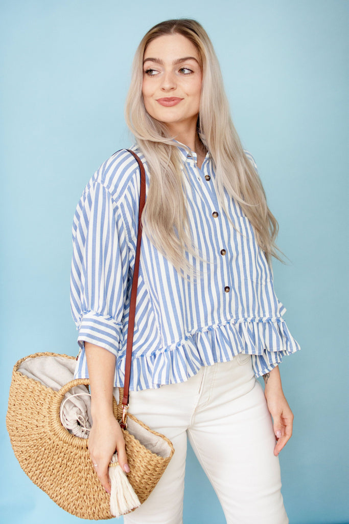 Ruffled Stripe Button Down Shirt