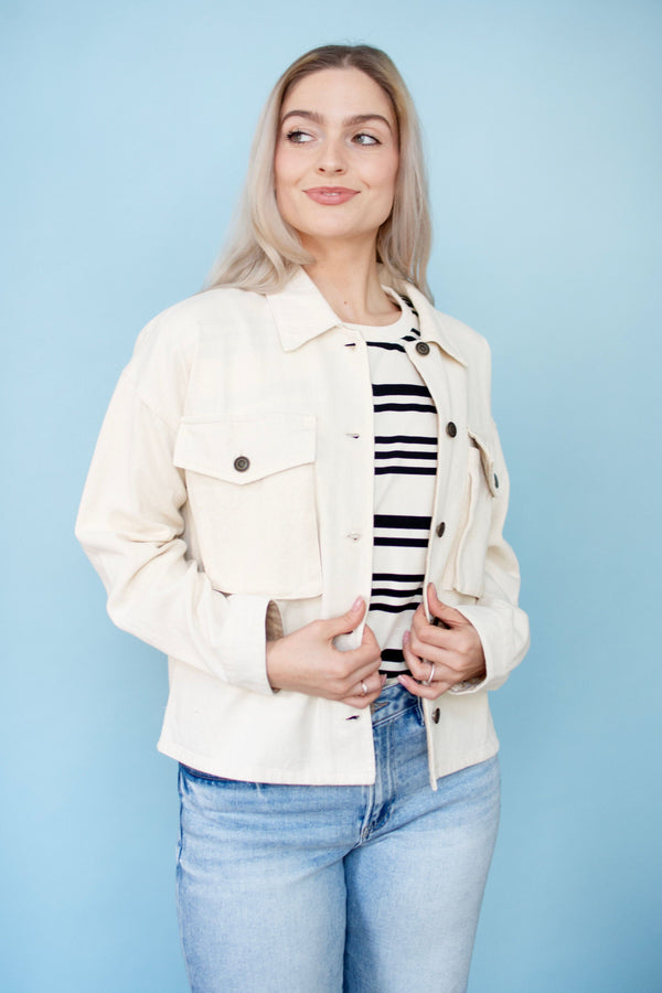 Oatmeal Boxy Twill Cropped Jacket