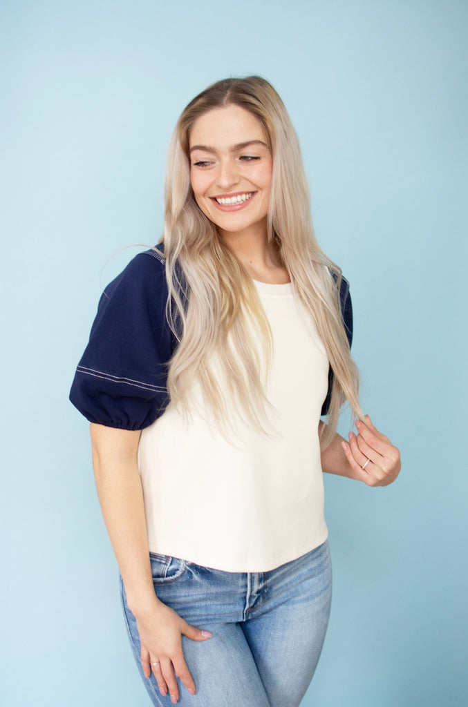 Navy Short Sleeve Stitched Knit Top