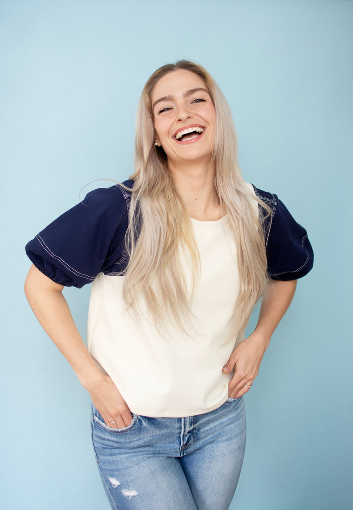 Navy Short Sleeve Stitched Knit Top