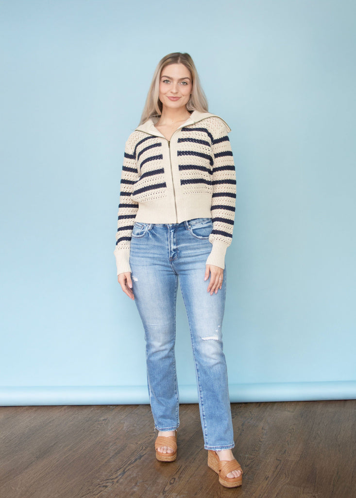 Oat Striped Pointelle Open Knit Sweater Jacket