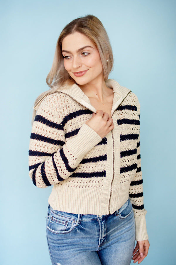 Oat Striped Pointelle Open Knit Sweater Jacket