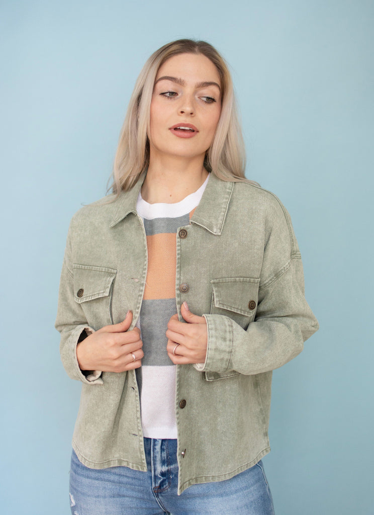 Olive Boxy Twill Cropped Jacket