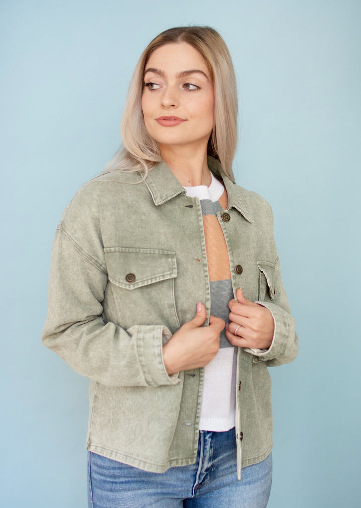 Olive Boxy Twill Cropped Jacket