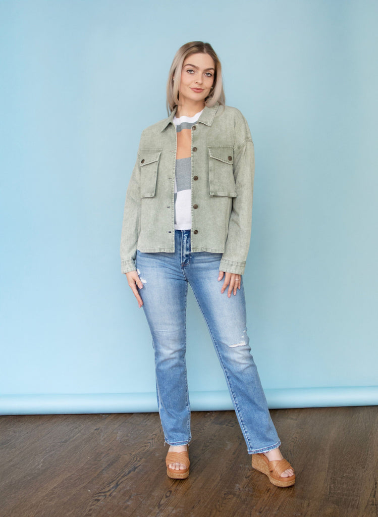 Olive Boxy Twill Cropped Jacket