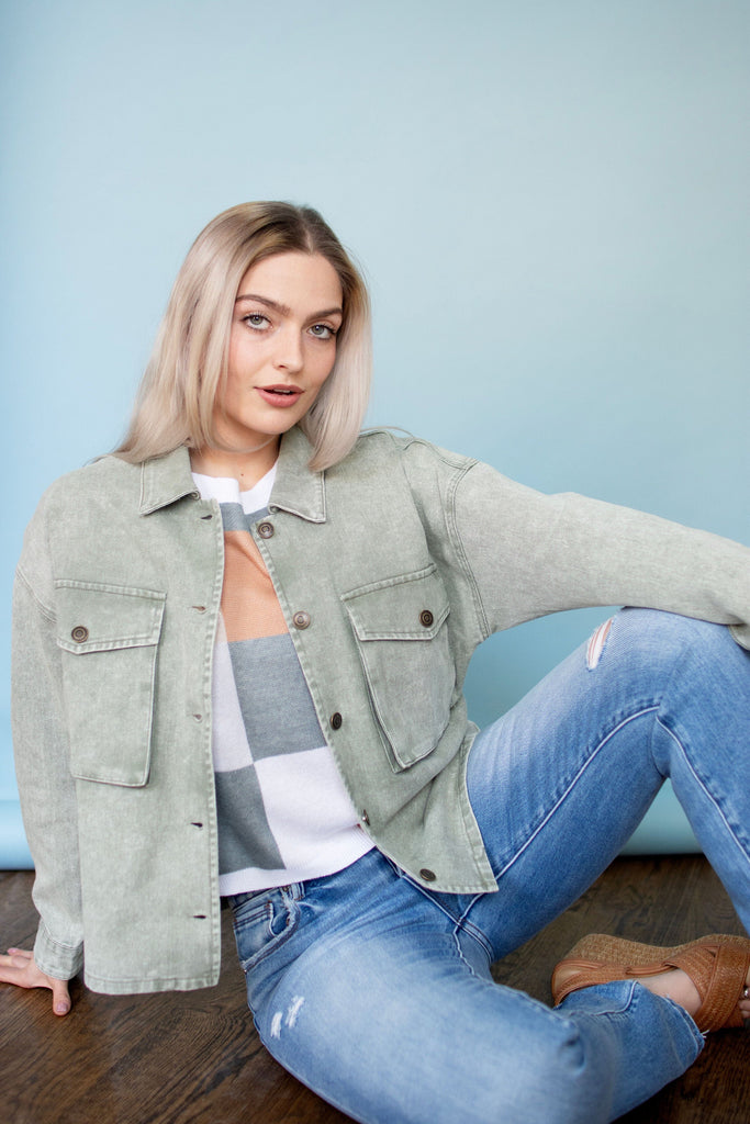 Olive Boxy Twill Cropped Jacket