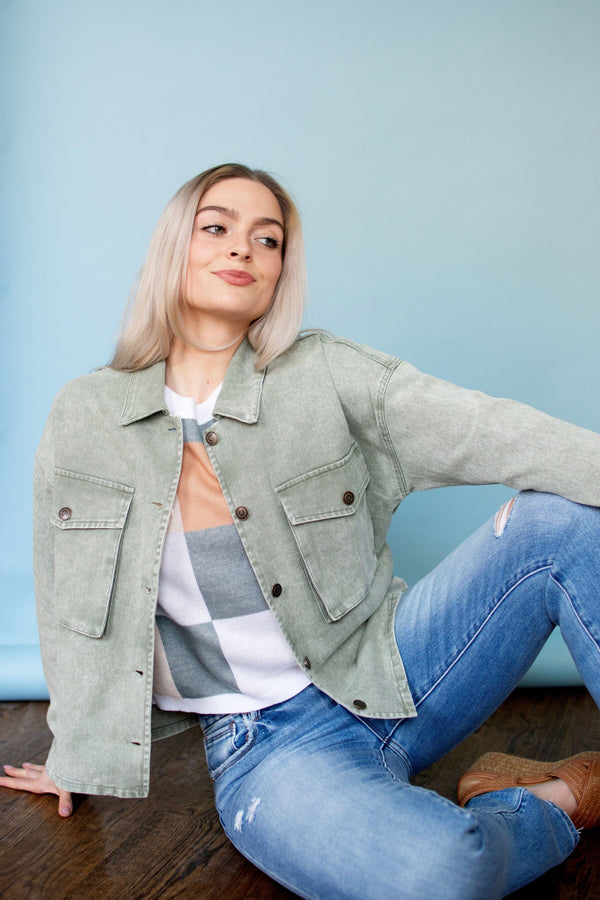 Olive Boxy Twill Cropped Jacket