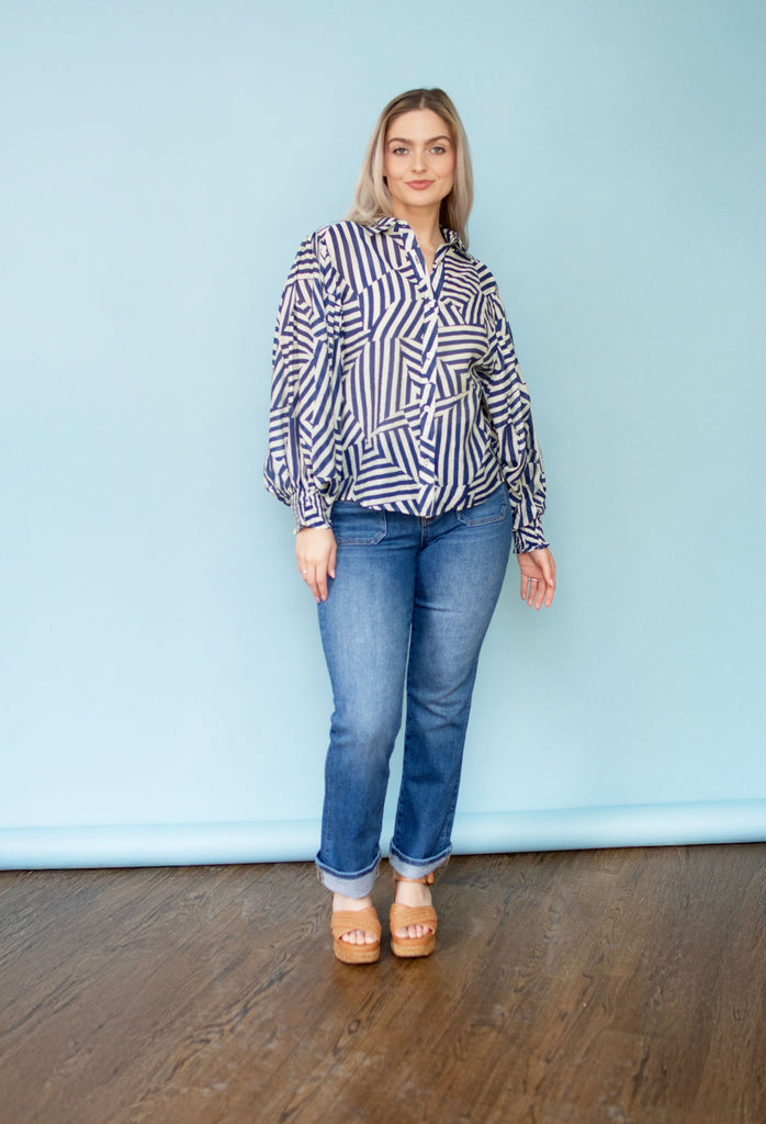 Navy Stripe Bubble Sleeve Shirt