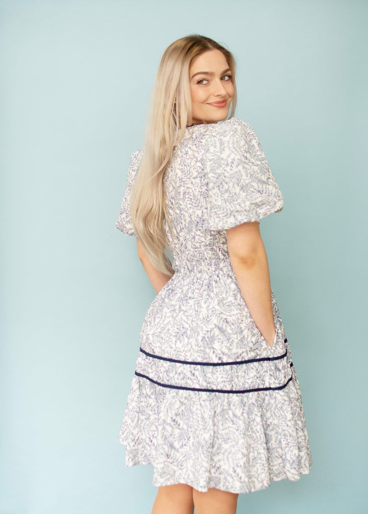 Navy Print Puff Sleeve Tiered Dress