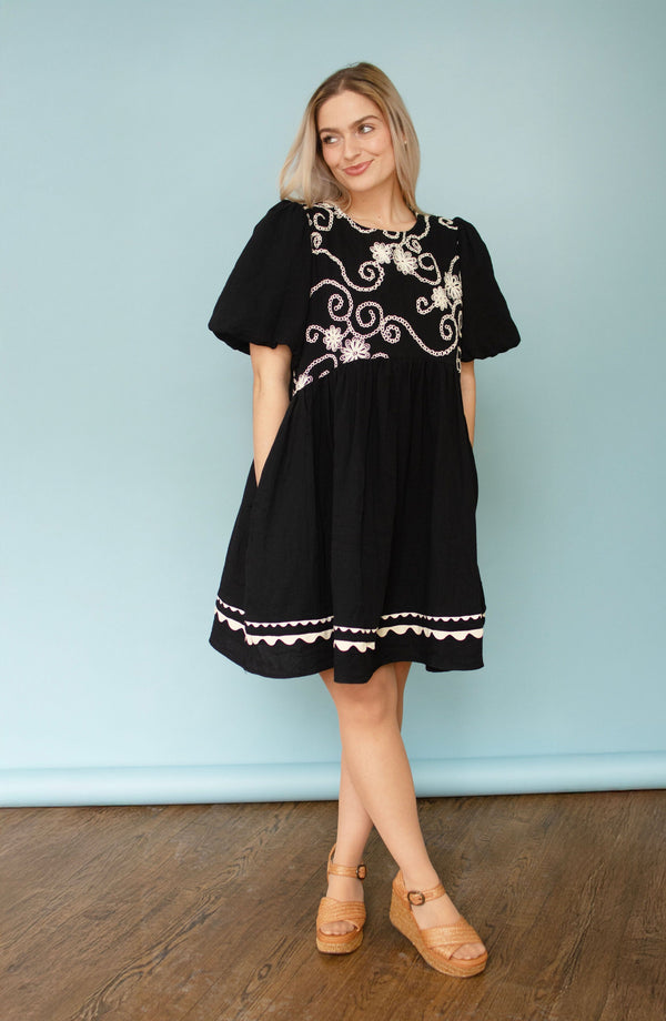 Black Puff Sleeve Embroidered Dress