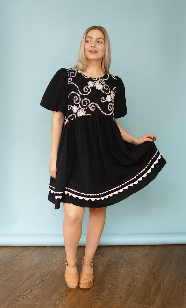 Black Puff Sleeve Embroidered Dress