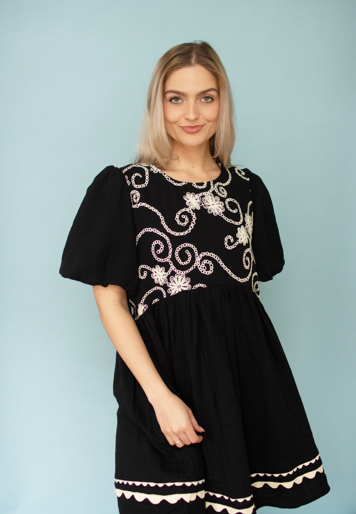 Black Puff Sleeve Embroidered Dress