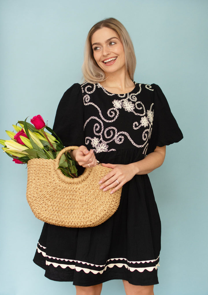 Black Puff Sleeve Embroidered Dress