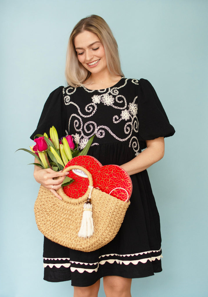 Black Puff Sleeve Embroidered Dress