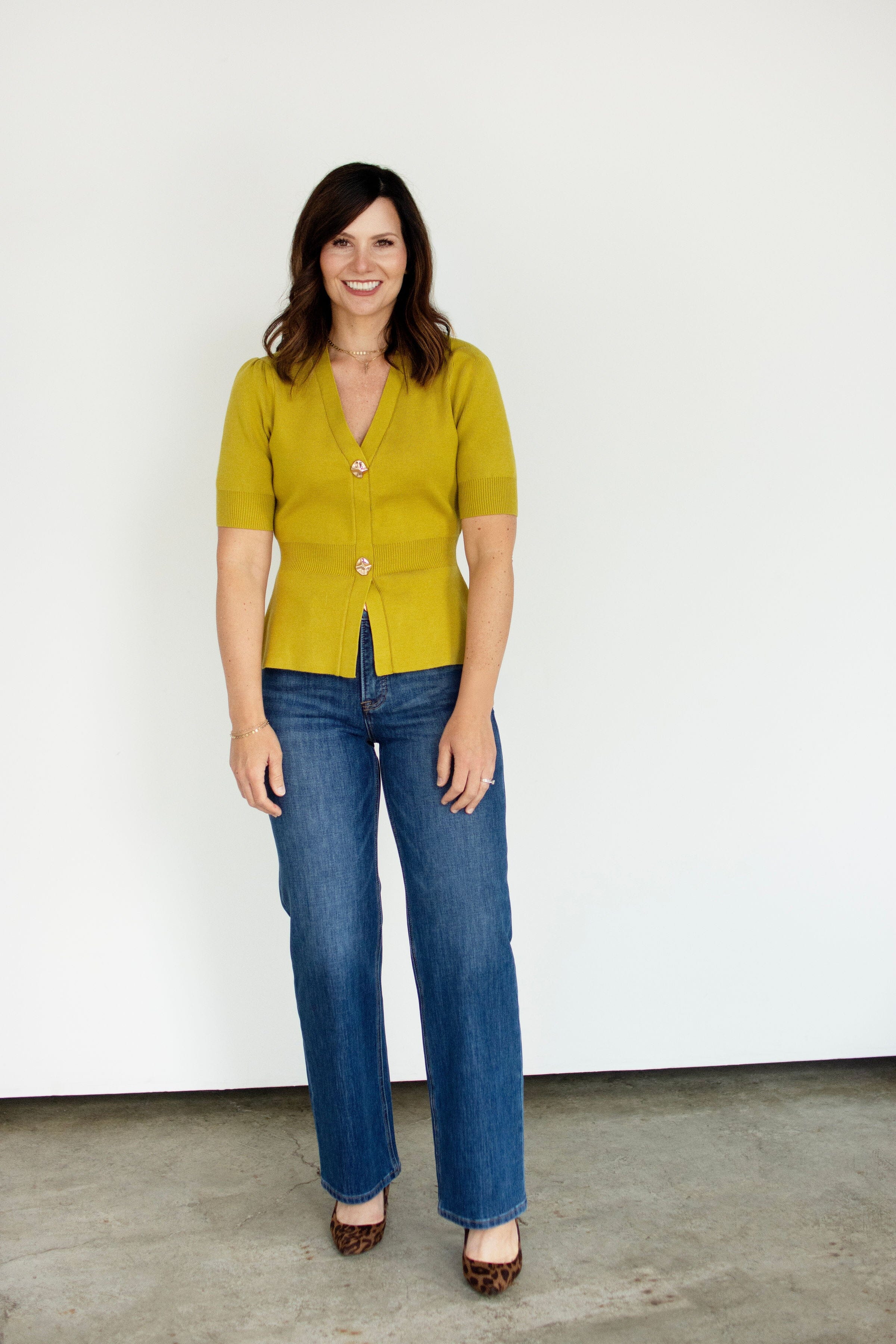 Chartreuse Ribbed Short Sleeve Cardigan | Chic Gold Button Knit Top