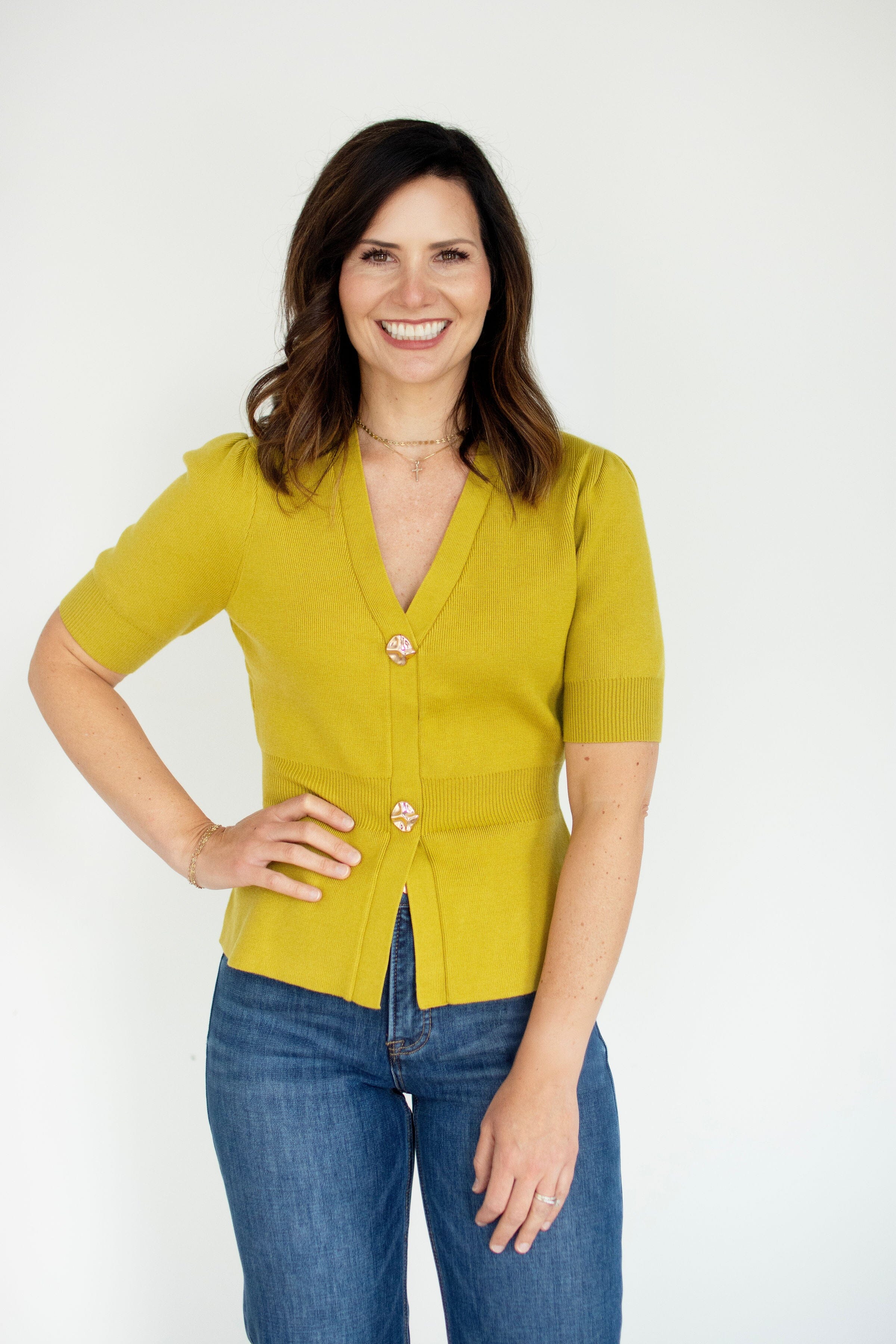 Chartreuse Ribbed Short Sleeve Cardigan | Chic Gold Button Knit Top
