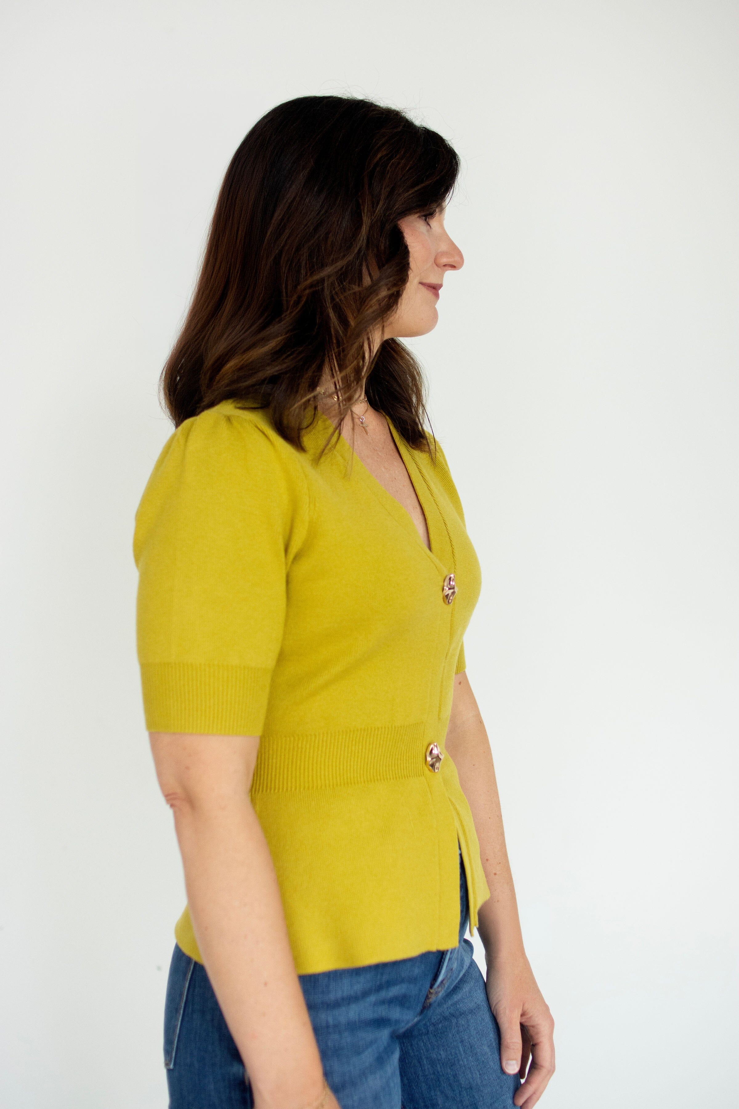 Chartreuse Ribbed Short Sleeve Cardigan | Chic Gold Button Knit Top