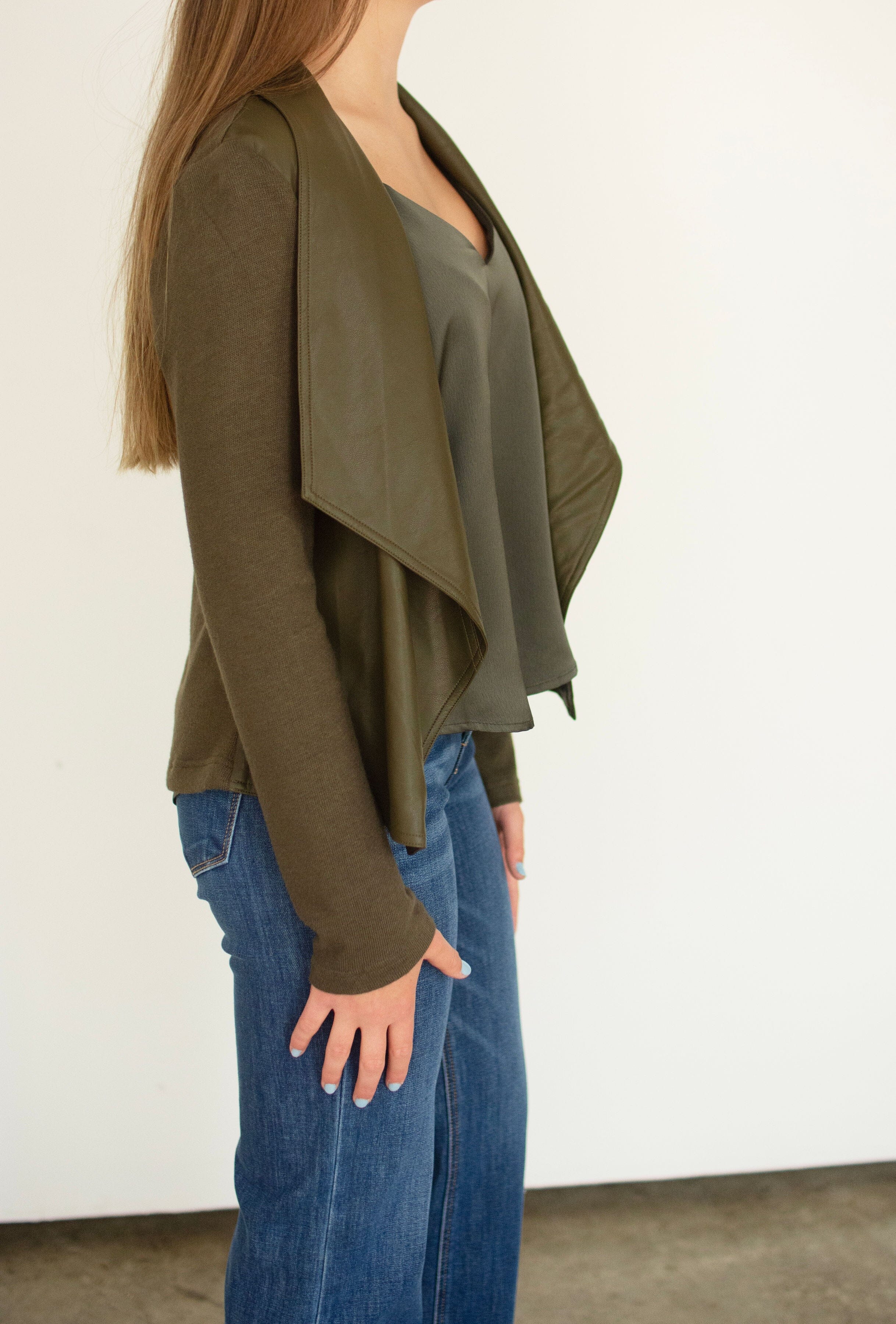 Olive Mixed Media Faux Leather Waterfall Jacket