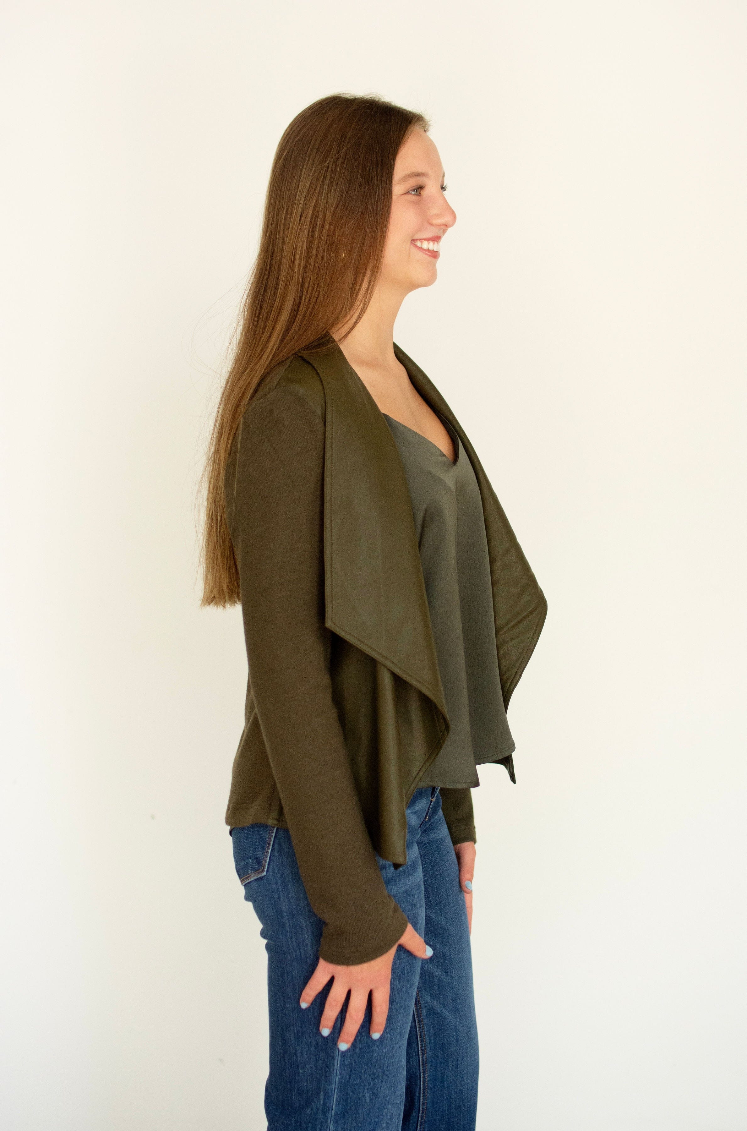 Olive Mixed Media Faux Leather Waterfall Jacket