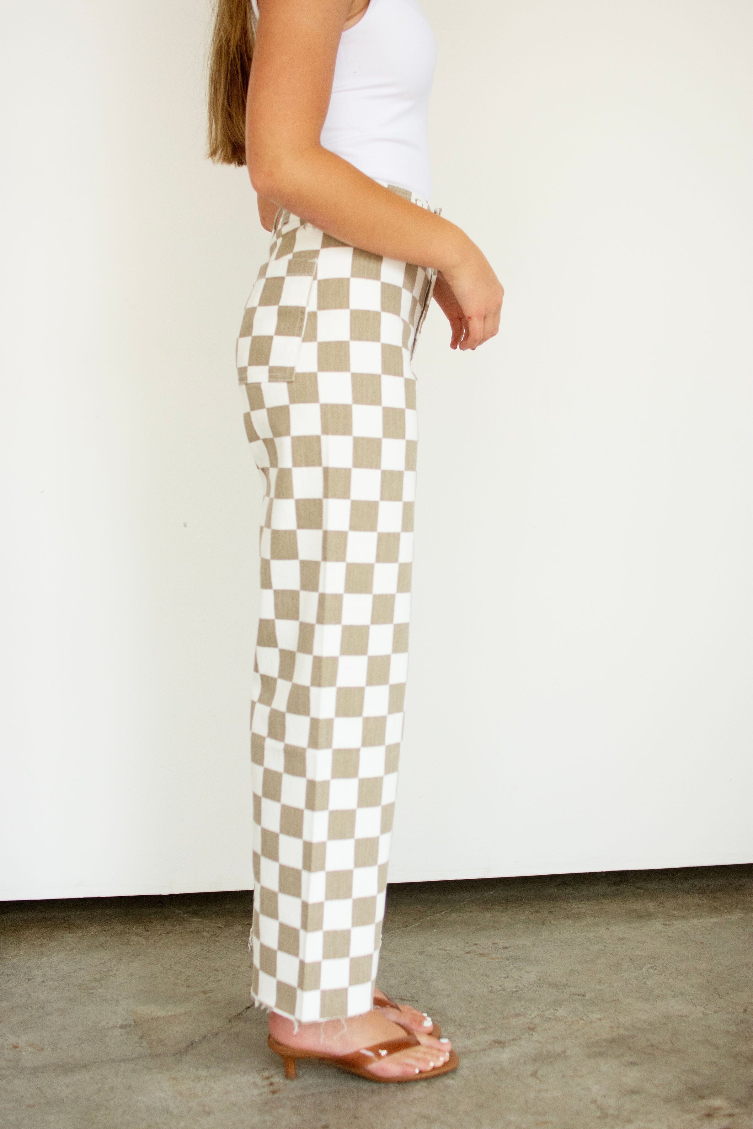 Tan Checkerboard High-Rise Wide-Leg Stretch Pants