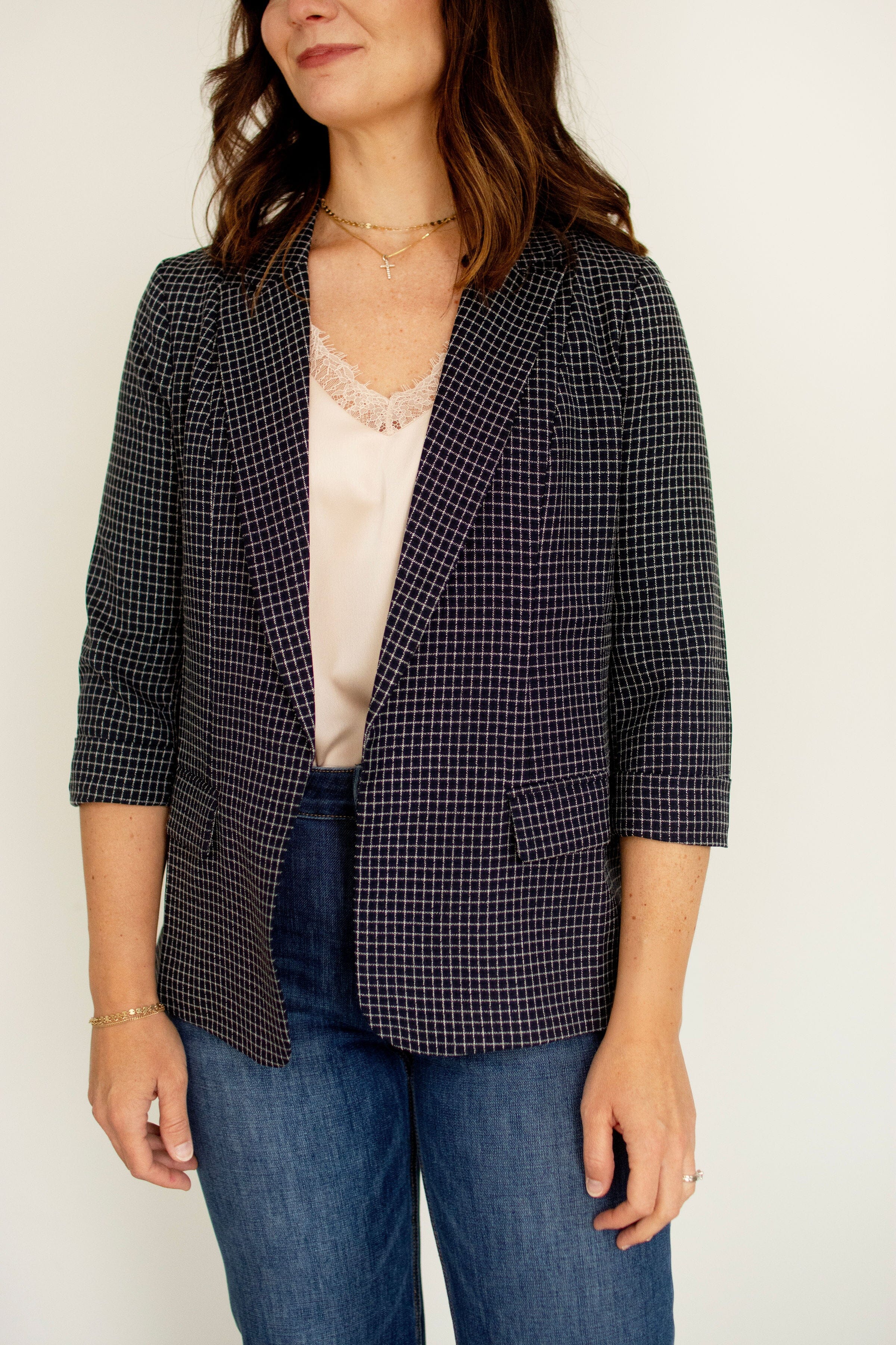 Navy Grid Print Cuffed 3/4 Sleeve Blazer - Modern Tailored Fit