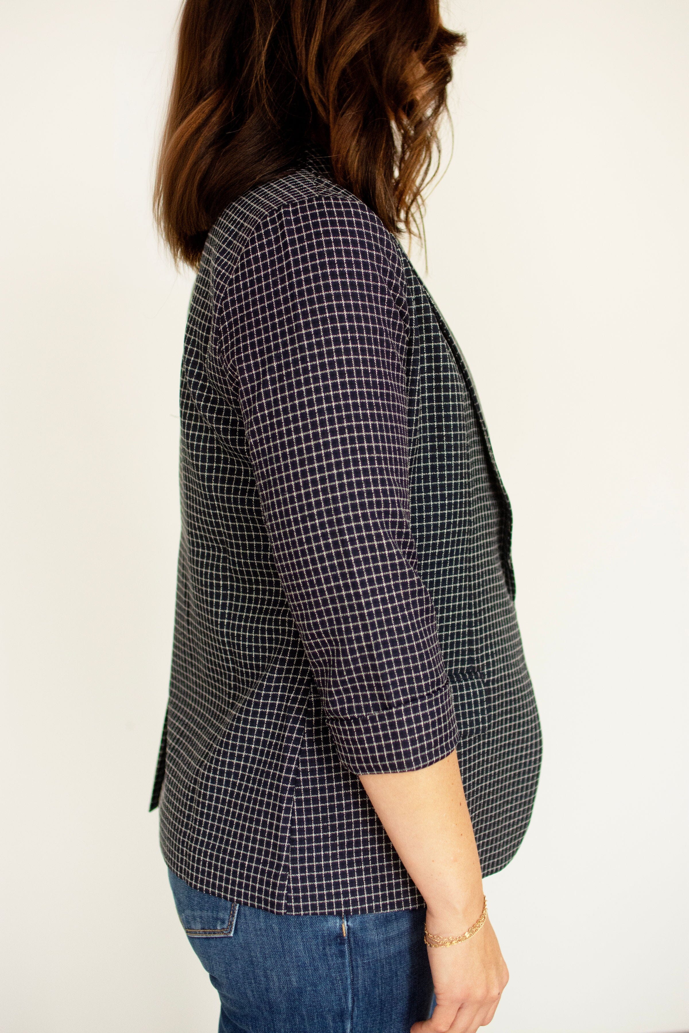 Navy Grid Print Cuffed 3/4 Sleeve Blazer - Modern Tailored Fit