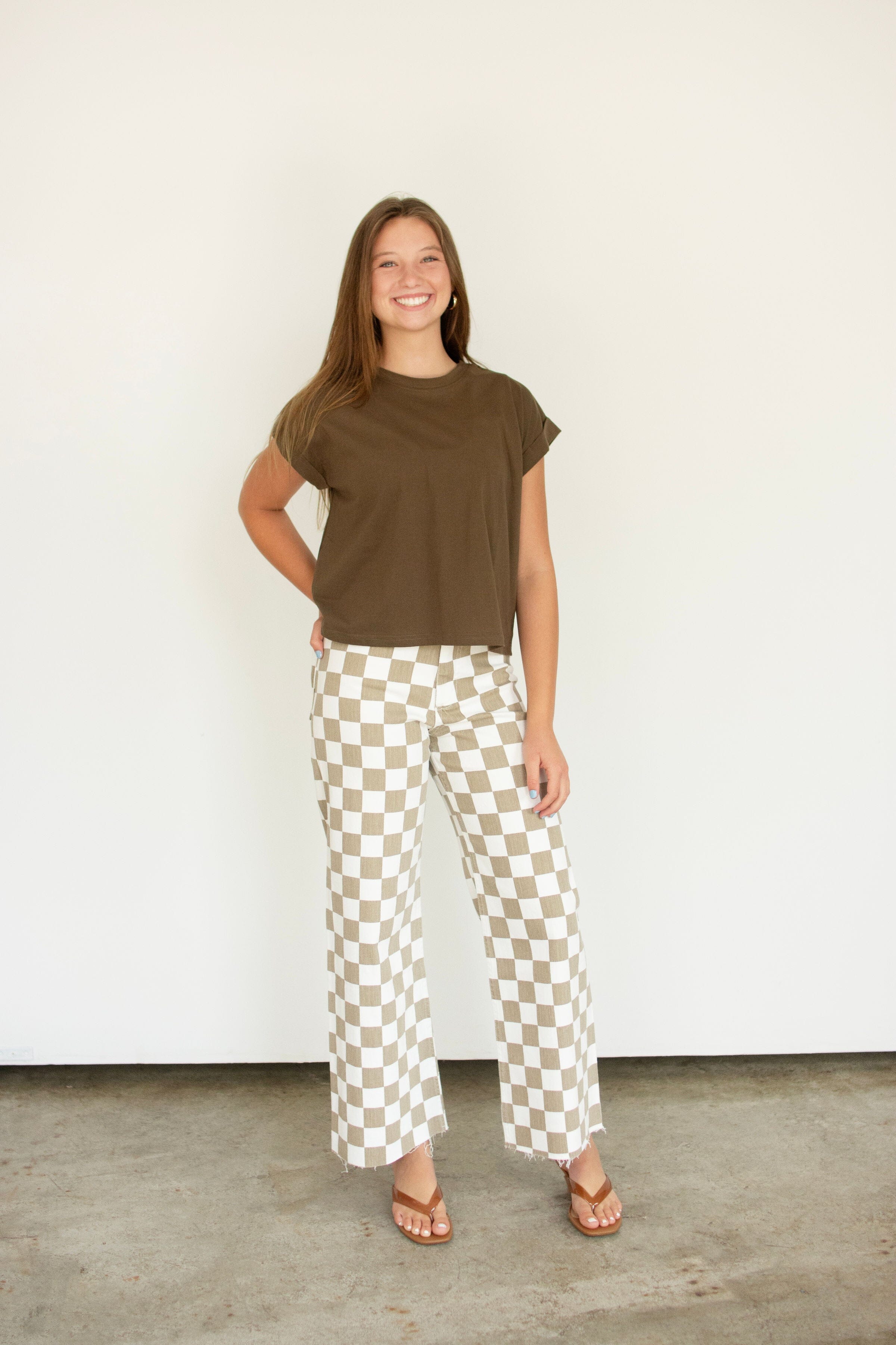 Tan Checkerboard High-Rise Wide-Leg Stretch Pants