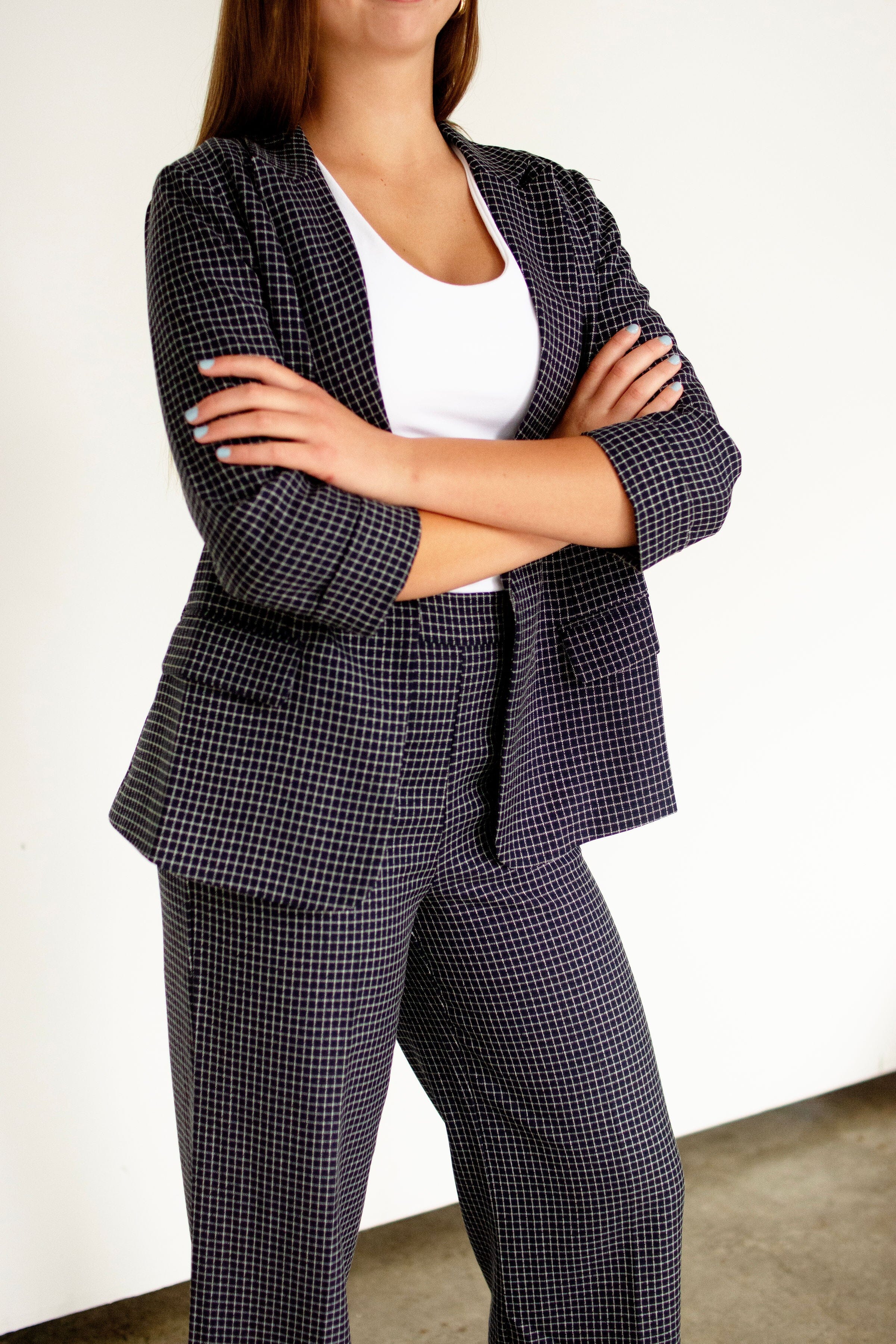 Navy Grid Print Cuffed 3/4 Sleeve Blazer - Modern Tailored Fit