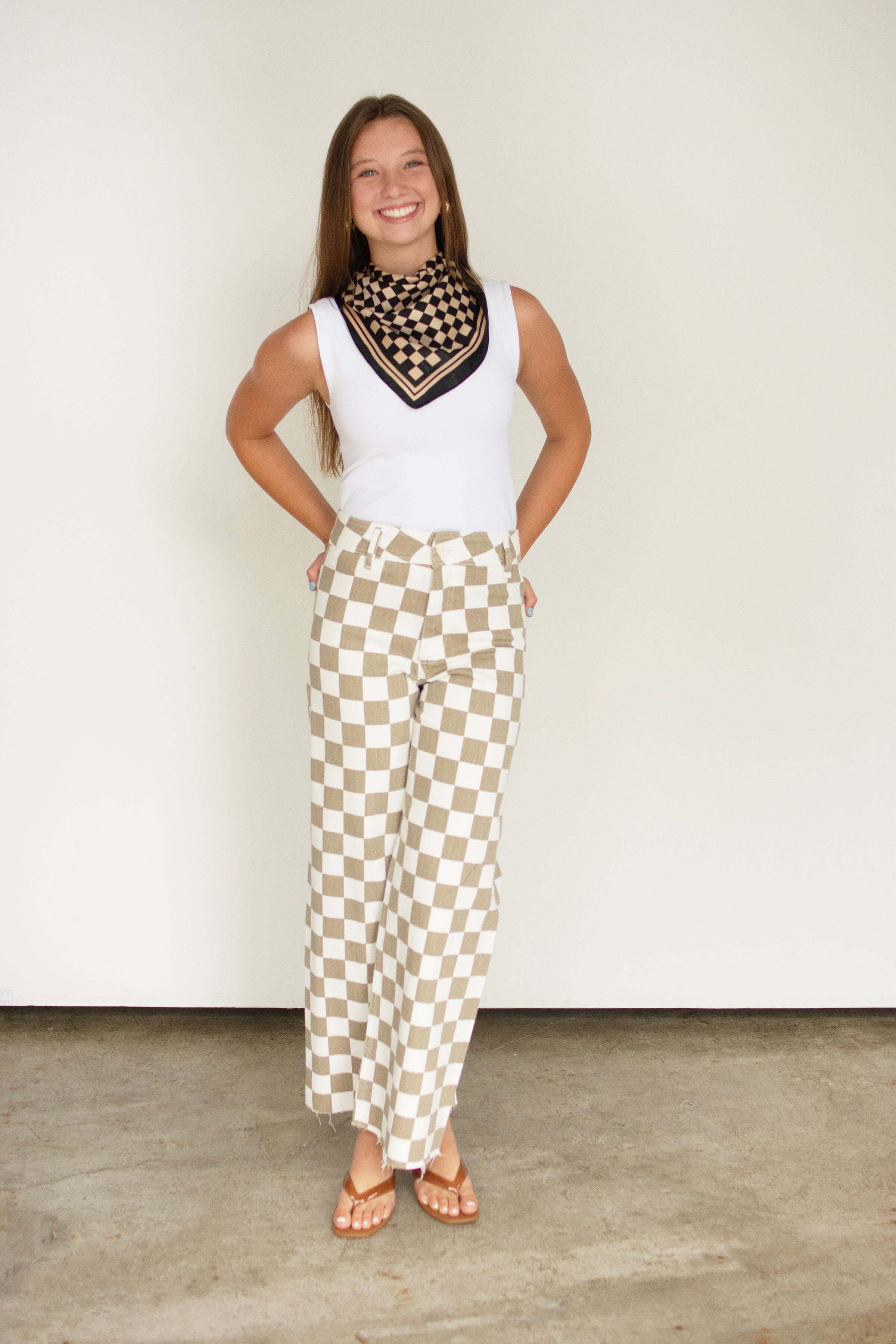 Tan Checkerboard High-Rise Wide-Leg Stretch Pants