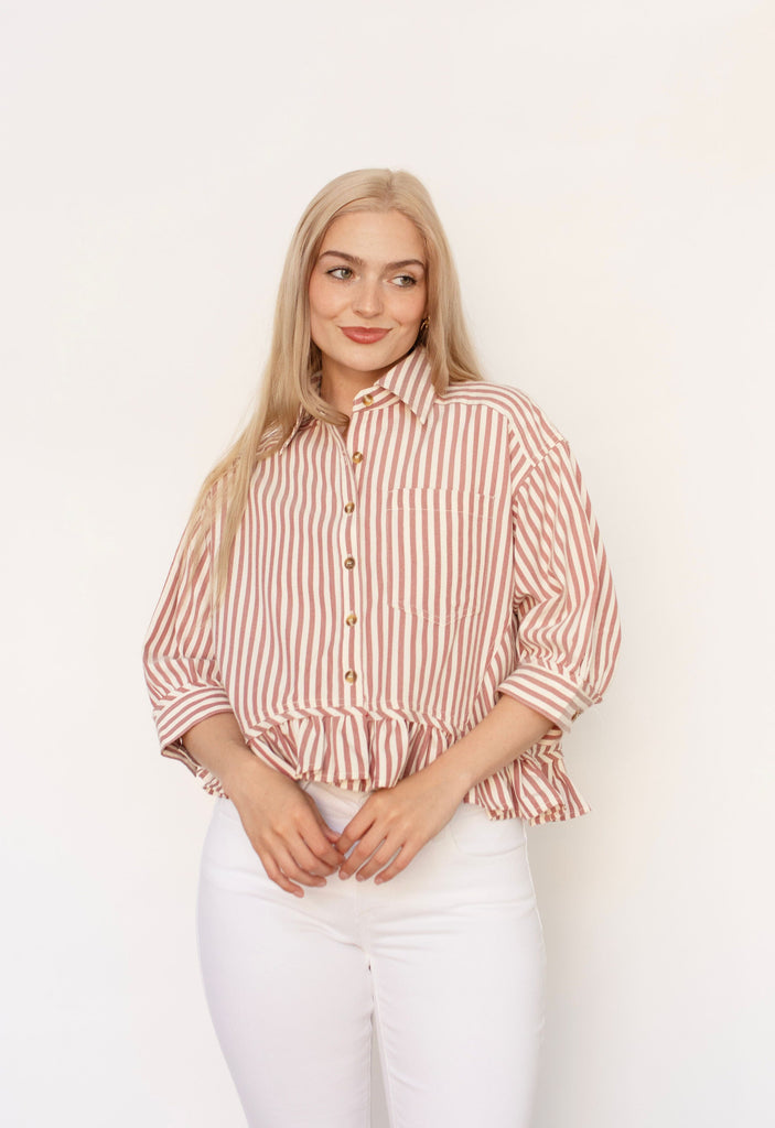 Wine Stripe Ruffle Hem Top