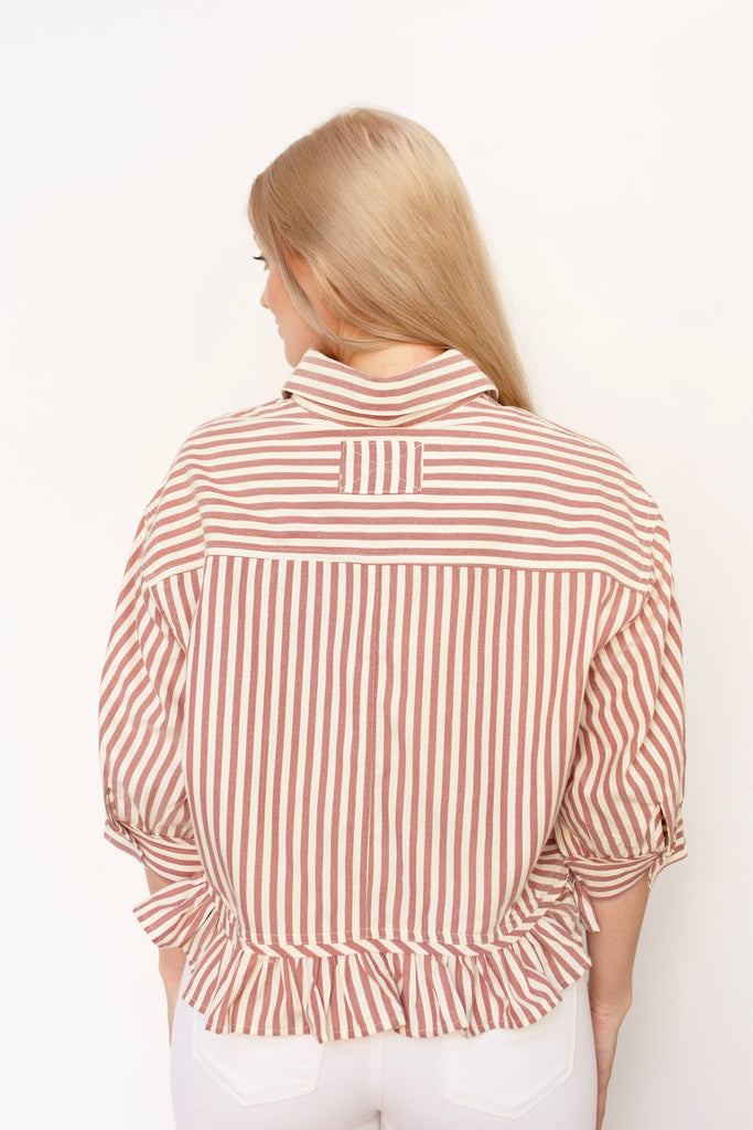 Wine Stripe Ruffle Hem Top