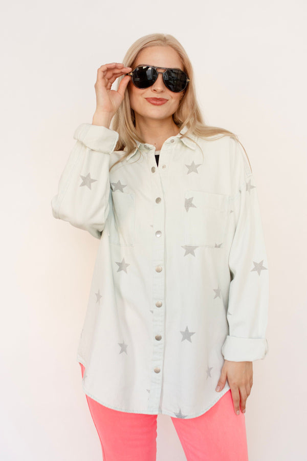 Ice Blue Oversized Star Print Shirt