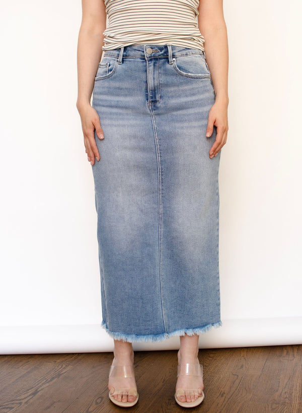 Medium High Rise Frayed Long Pencil Skirt