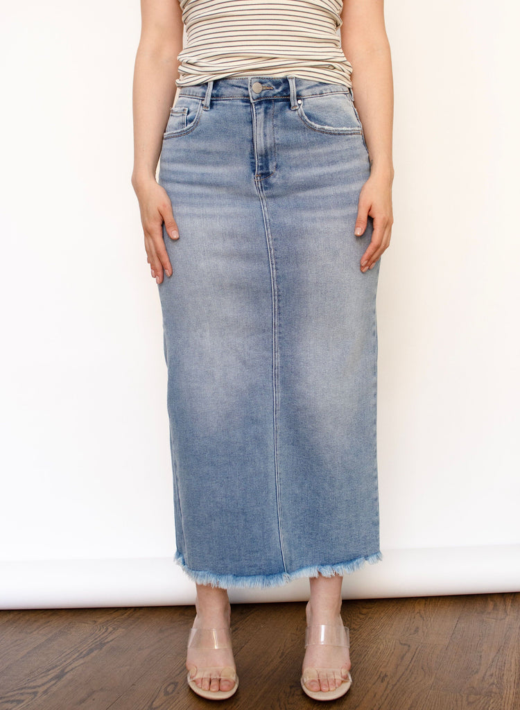 Medium High Rise Frayed Long Pencil Skirt