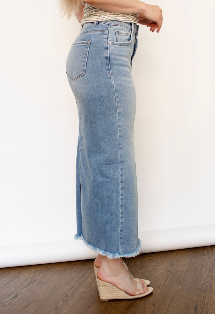Medium High Rise Frayed Long Pencil Skirt