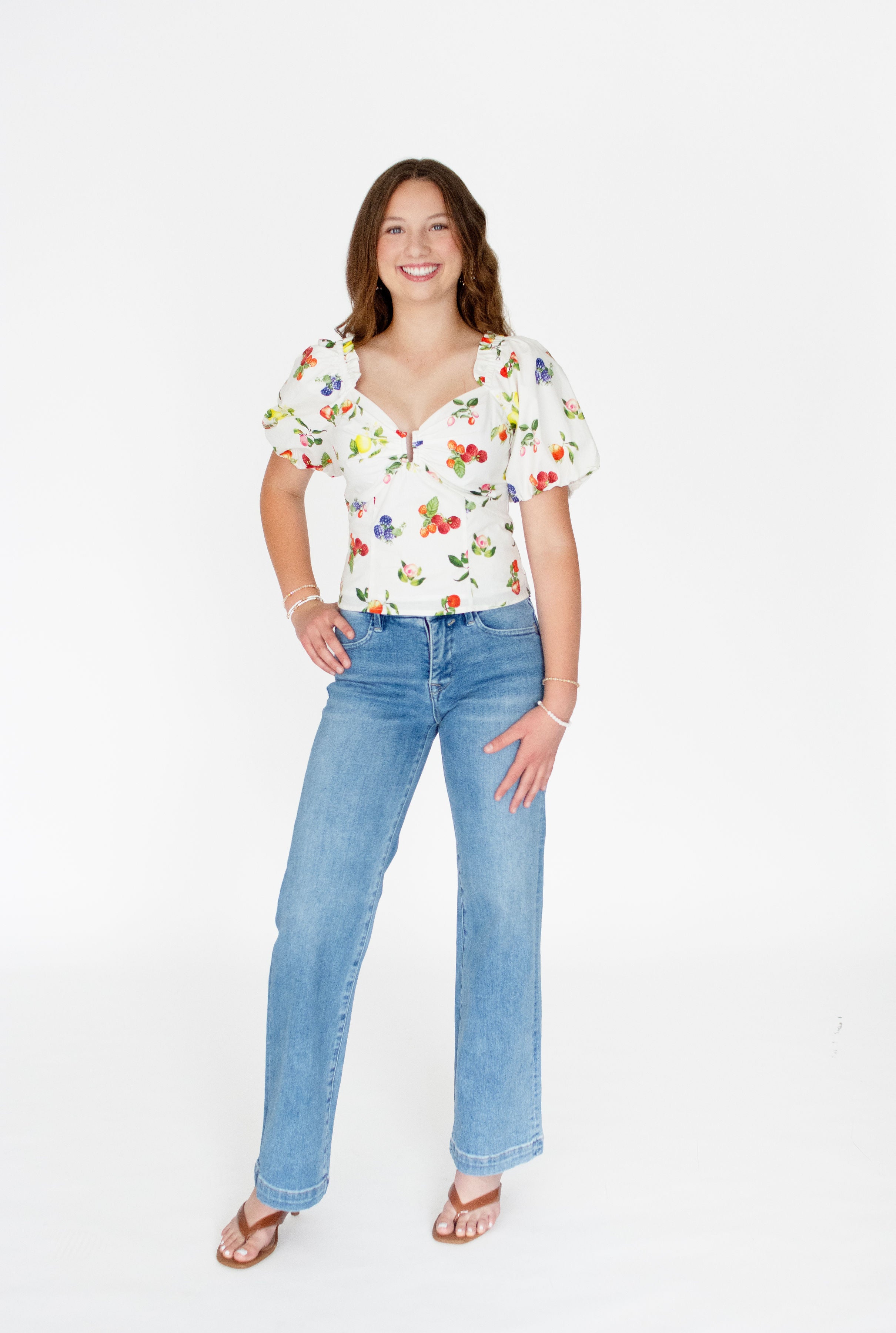 Fruit Print Puff Sleeve Blouse – White Multi