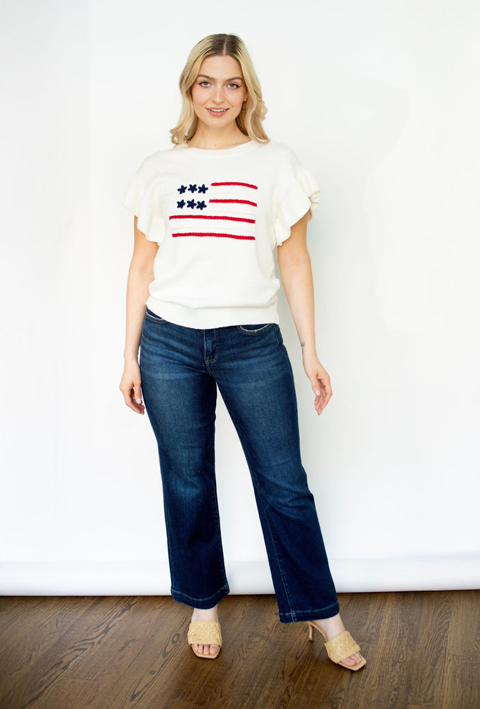White Ruffle Sleeve Flag Sweater Top