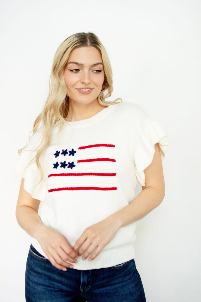 White Ruffle Sleeve Flag Sweater Top