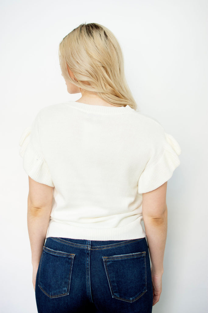 White Ruffle Sleeve Flag Sweater Top