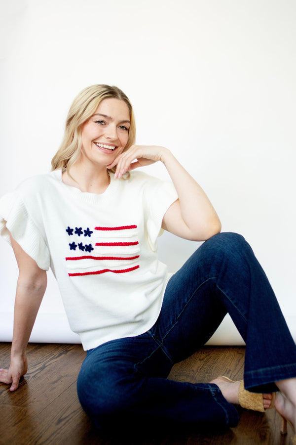 White Ruffle Sleeve Flag Sweater Top