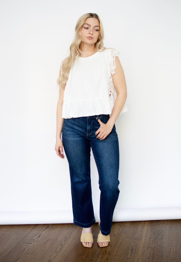 White Lace Trim Ruffle Cropped Top