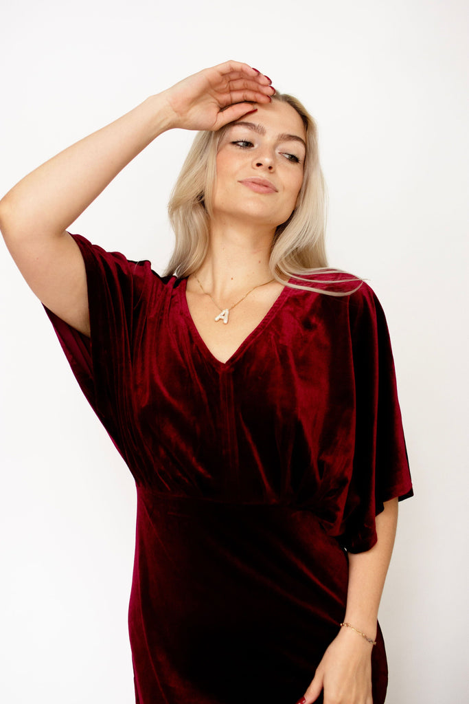 Wine Velvet Kimono Sleeve Midi Dress