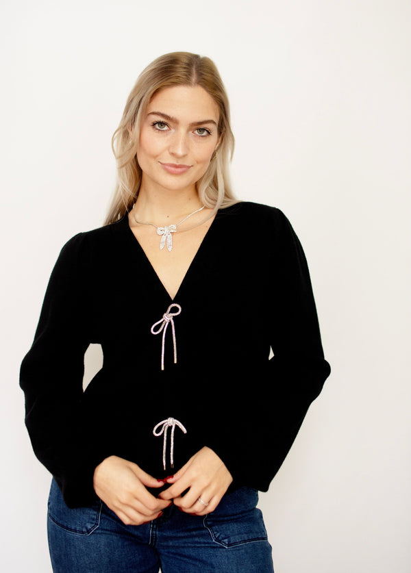 Black Ribbon Trim Puff Sleeve Cardigan